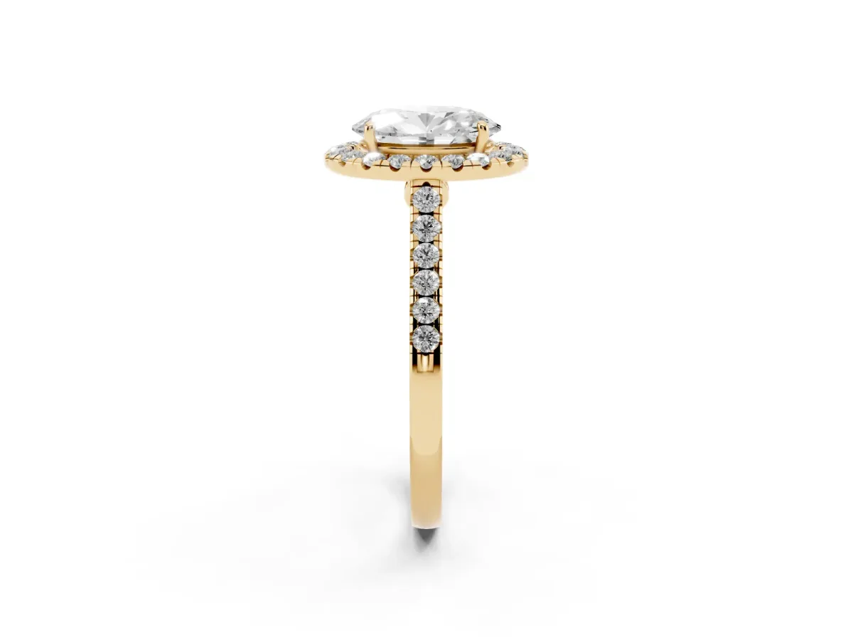 Oval Cut Halo Pave Diamond Engagement Ring with Four-Prong Setting Yellow gold