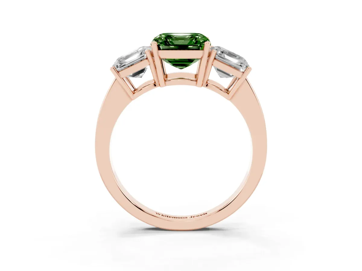 Fancy Green Three-Stone Asscher Cut Cut Diamond Engagement Ring with Flat Band and Four-Prong Setting Rose gold
