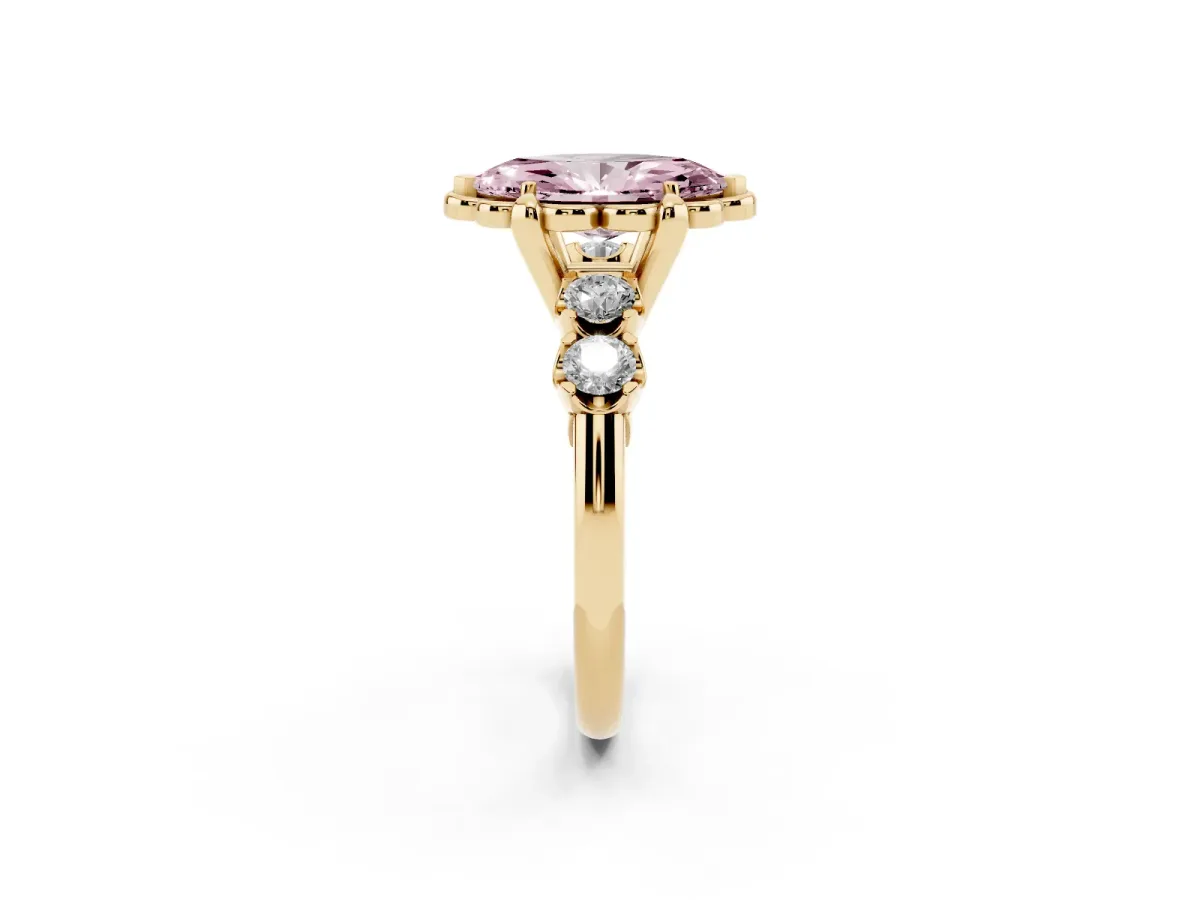 Fancy Pink Marquise Cut Cut Diamond Floral Halo Engagement Ring with Shared Prong Setting Yellow gold