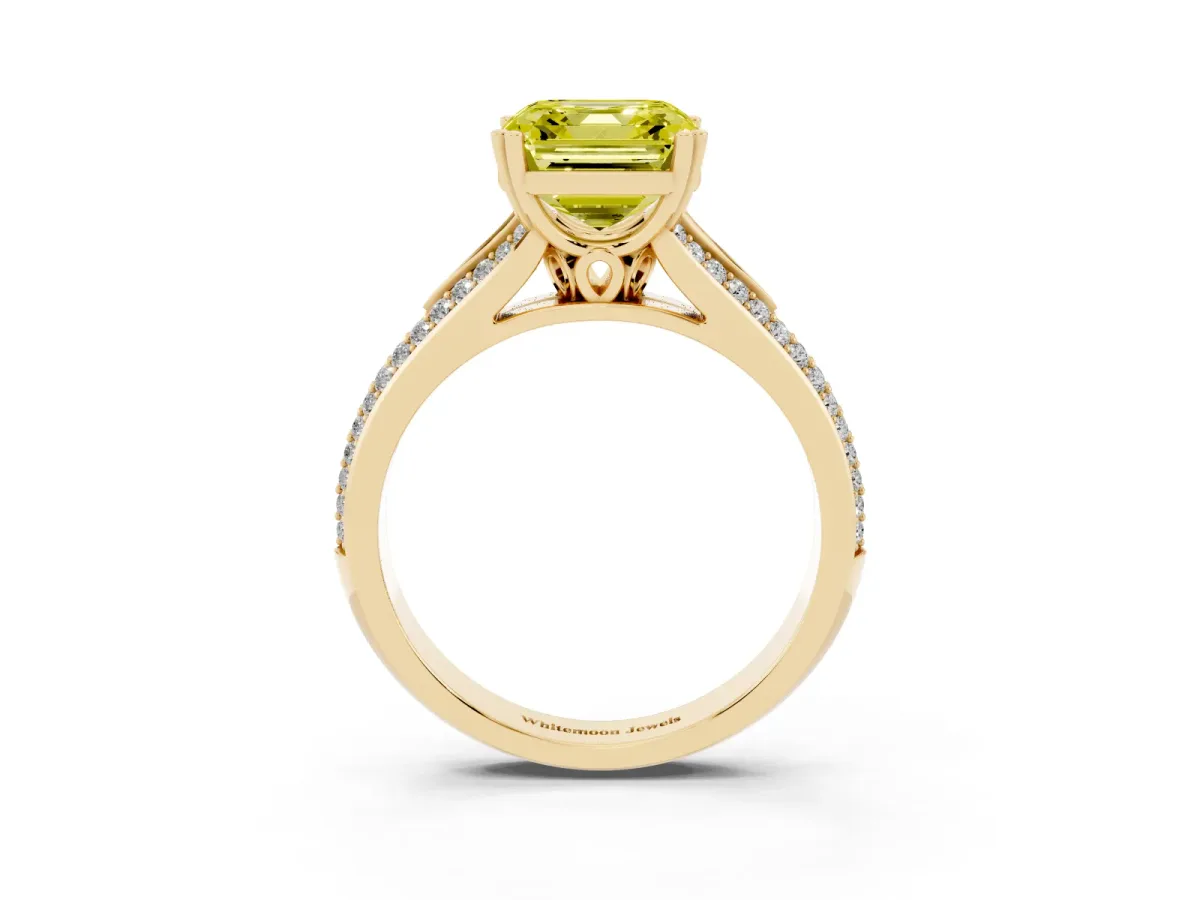 Fancy Yellow Asscher Cut Diamond Split Shank Engagement Ring with Pavé Band Yellow gold
