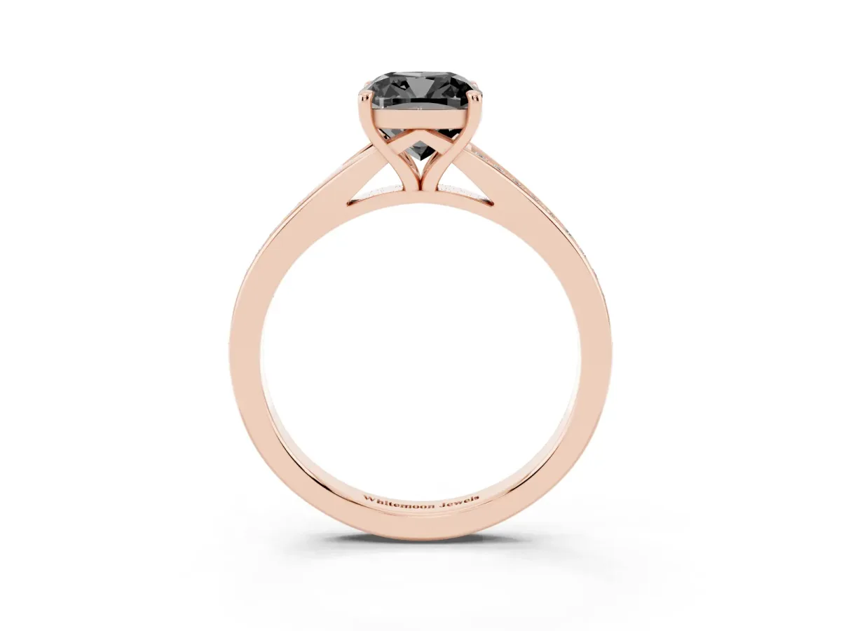 Fancy Black Cushion Cut Diamond Solitaire Ring with Pavé Band and Prong Setting Rose gold
