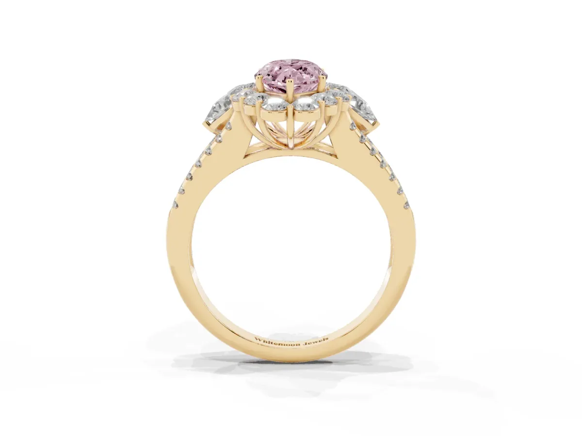Fancy Pink Marquise Cut Halo Split Shank Diamond Engagement Ring with Prong Setting Yellow gold