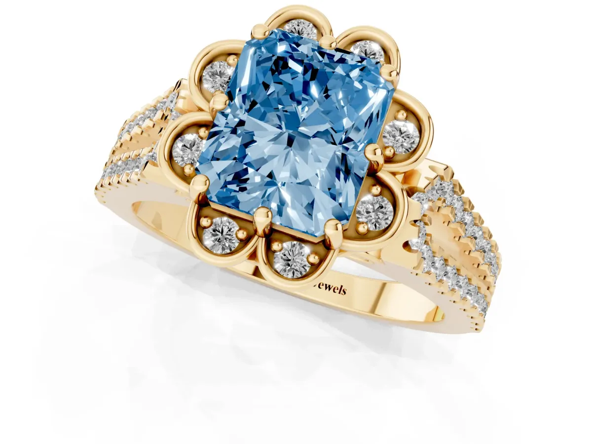 Fancy Blue Radiant Cut Halo Diamond Floral Split Shank Engagement Ring Yellow gold