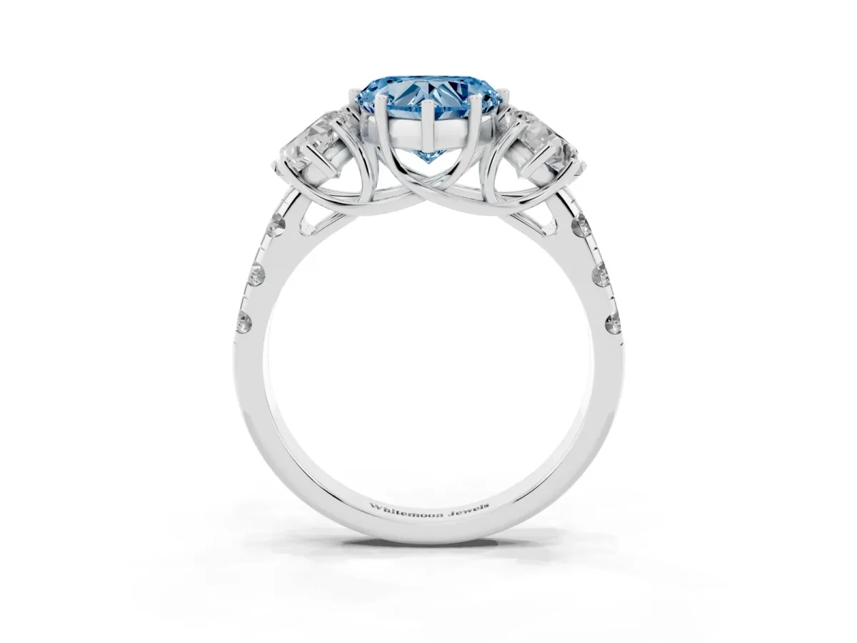 Fancy Blue Three-Stone Heart Cut Diamond Pavé Band with Prong Setting Silver