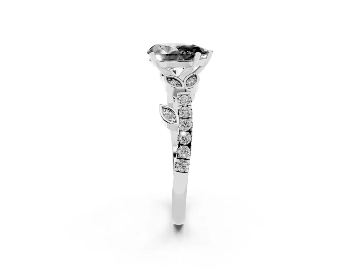 Fancy Black Pear Cut Solitaire Leaf-Inspired Diamond Ring with Pavé Band and Four-Prong Setting Silver