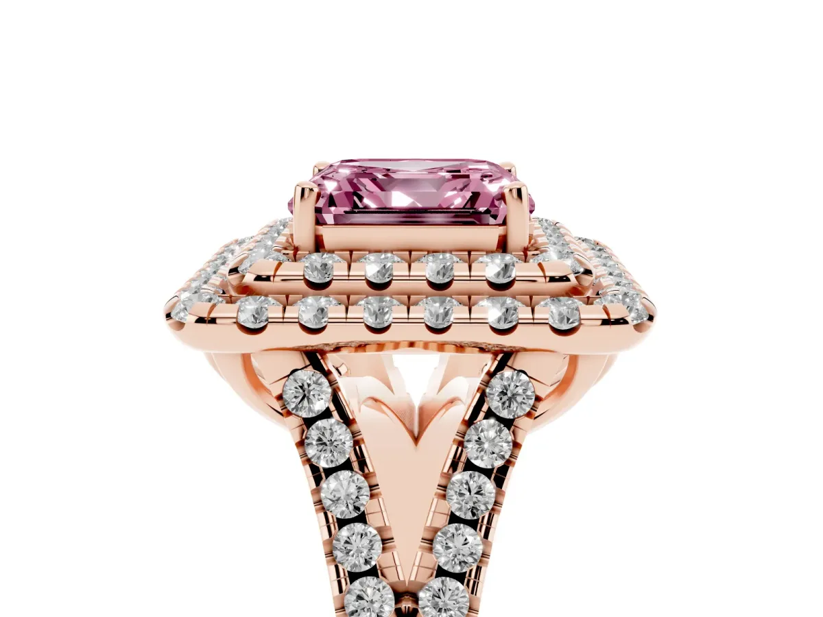 Fancy Pink Double Halo Asscher Cut Diamond Pavé Split Shank Ring with Prong Setting Rose gold