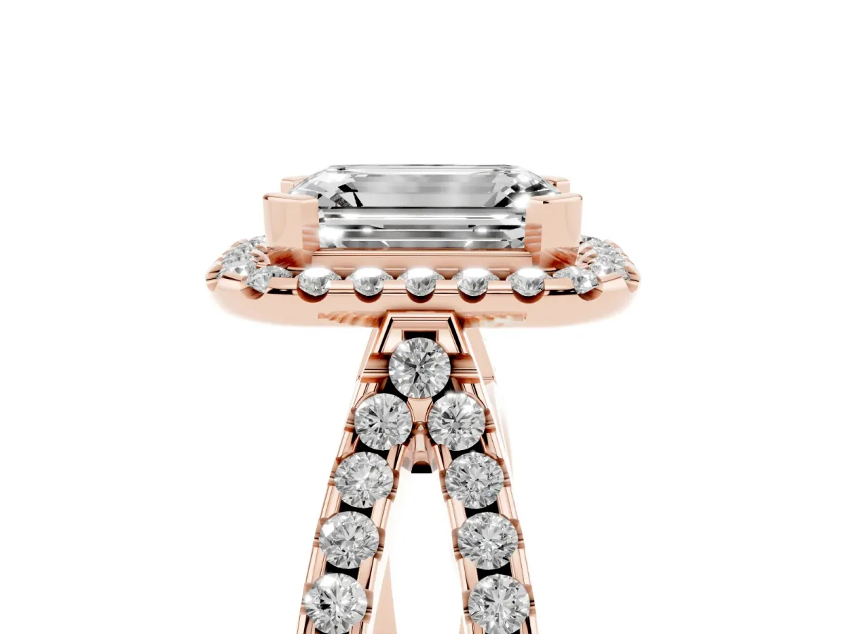 Emerald Cut Diamond Halo Ring with Split Shank Pavé Band and Prong Setting Rose gold