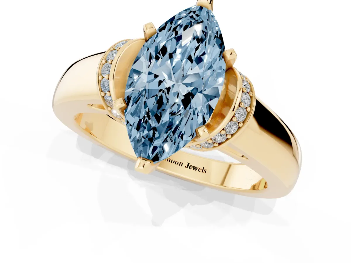 Fancy Blue Marquise Cut Solitaire Diamond Ring with Pave Band and Six-Prong Setting Yellow gold