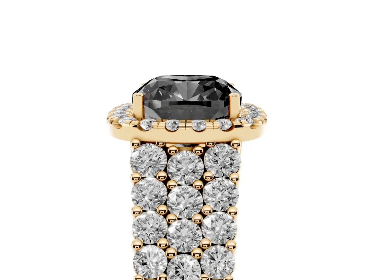 Fancy Black Cushion Cut Diamond Halo Engagement Ring with Triple Row Round Pavé Band and Prong Setting Yellow gold