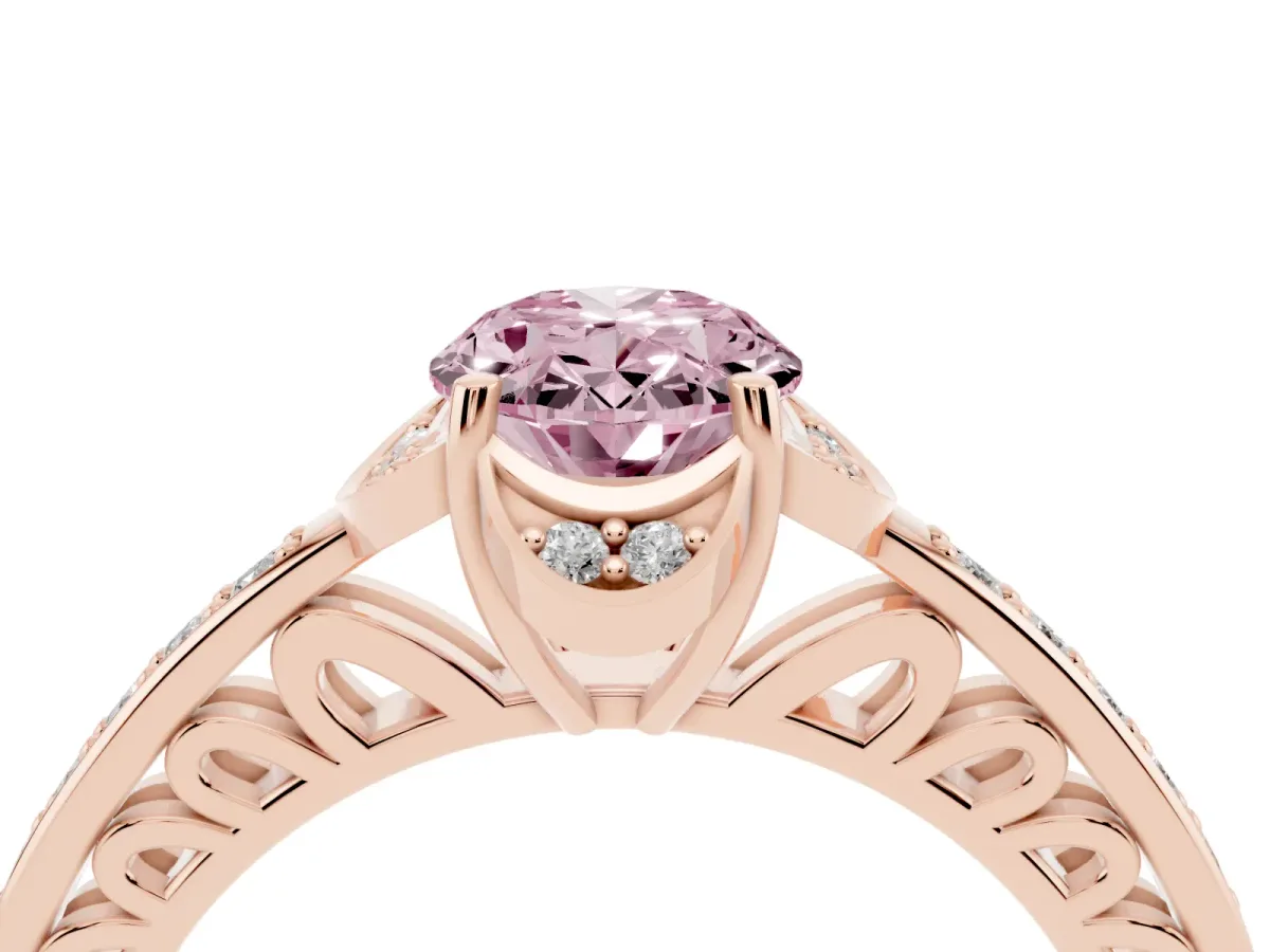 Fancy Pink Oval Cut Cut Halo Diamond Ring with Channel Set Band and Four-Prong Setting Rose gold
