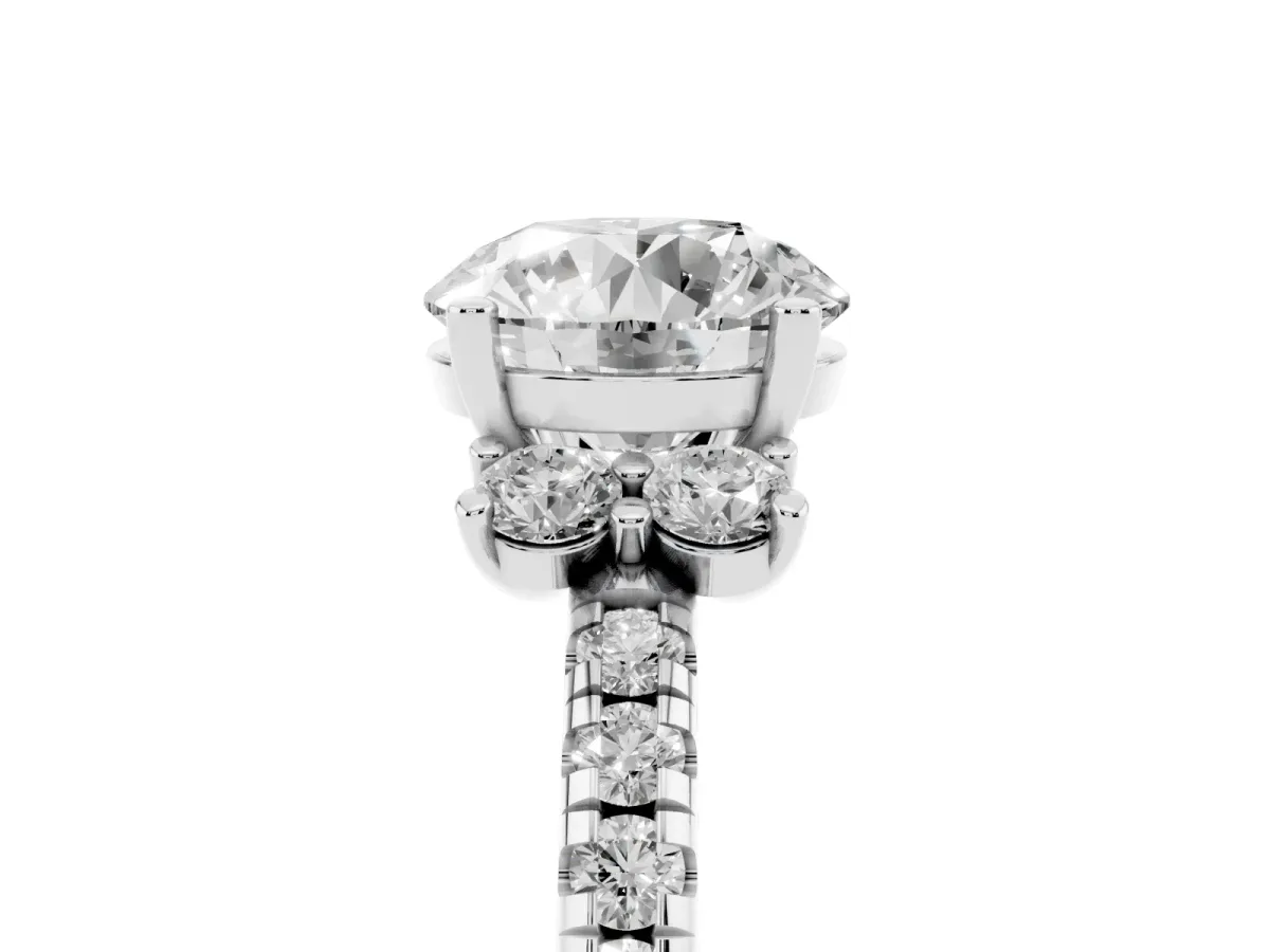Round Cut Diamond Three-Stone Pave Band with Four-Prong Setting Silver