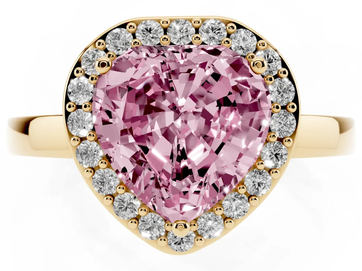 Fancy Pink Heart Cut Halo Diamond Ring with Solitaire Band and Prong Setting Yellow gold