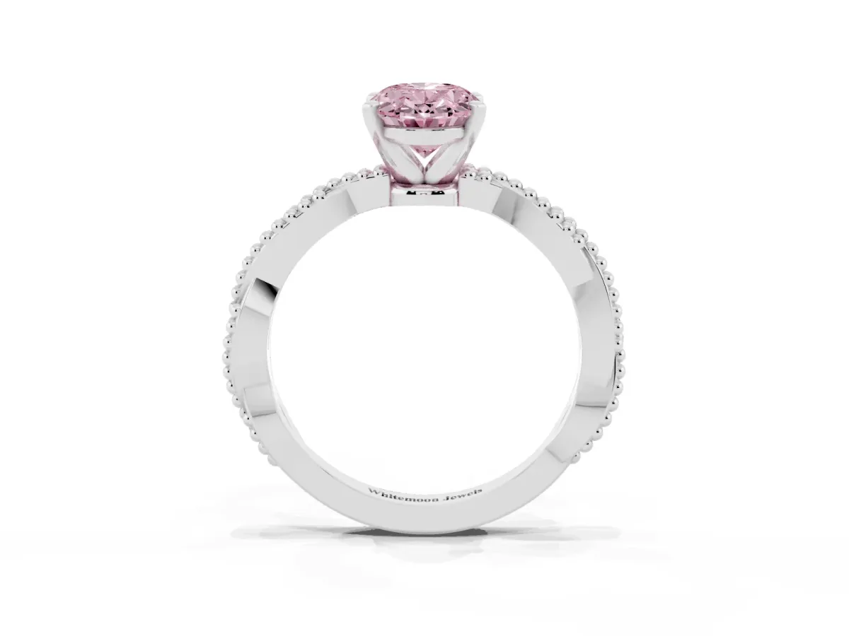 Fancy Pink Oval Cut Solitaire Twisted Band with Bead Prong Setting Silver