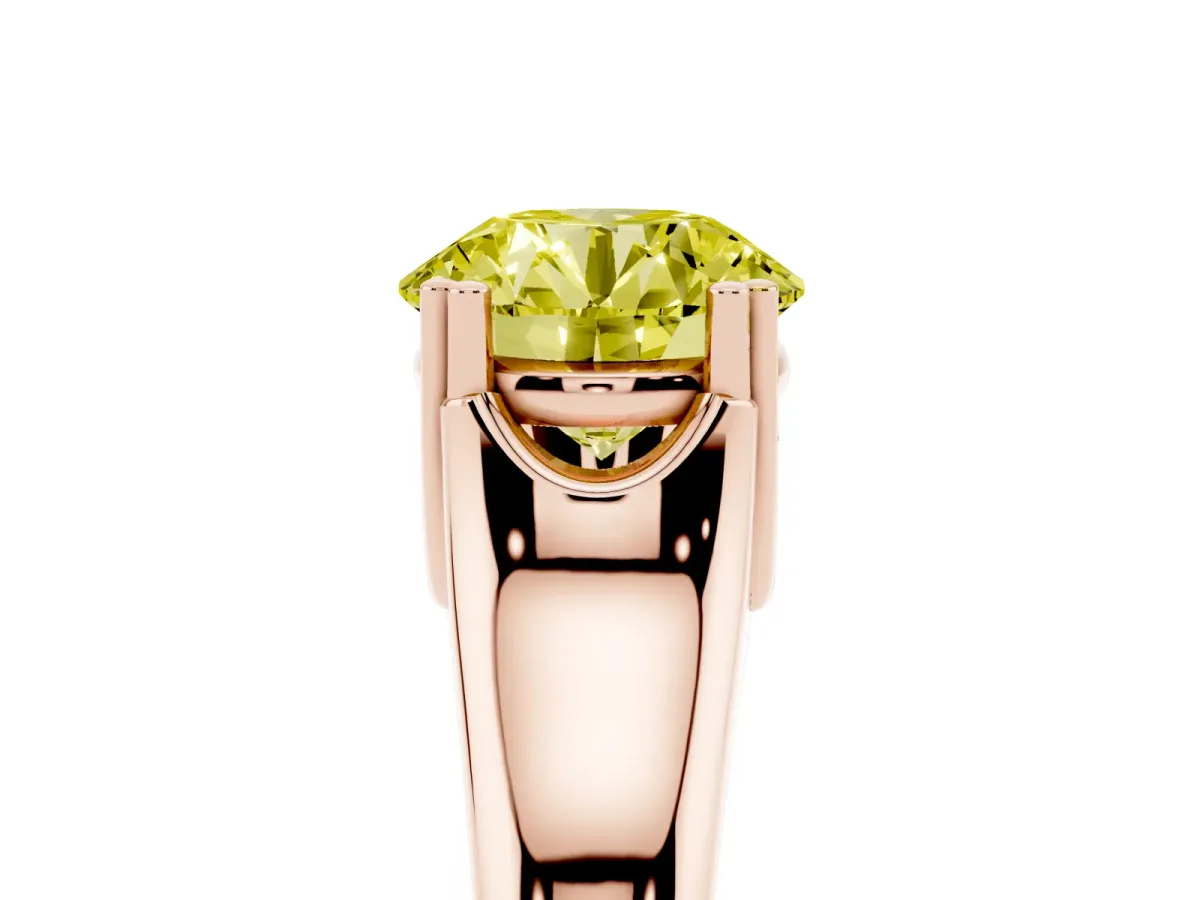 Fancy Yellow Round Cut Diamond Solitaire Ring with Wide Band and Prong Setting Rose gold