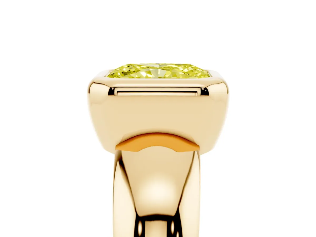 Fancy Yellow Bezel Set Radiant Cut Solitaire Ring with Wide Band Yellow gold