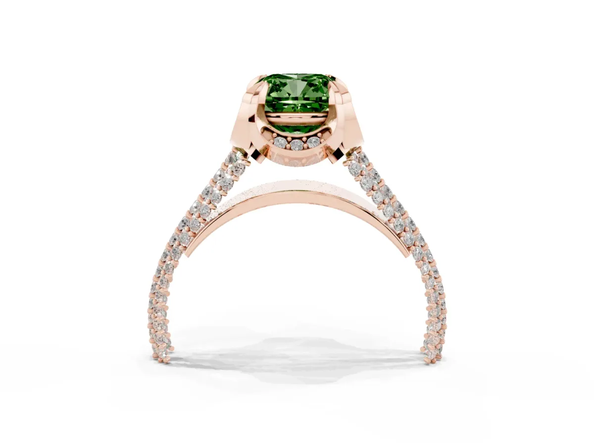 Fancy Green Cushion Cut Solitaire Pave Split Shank Ring with Four-Prong Setting Rose gold