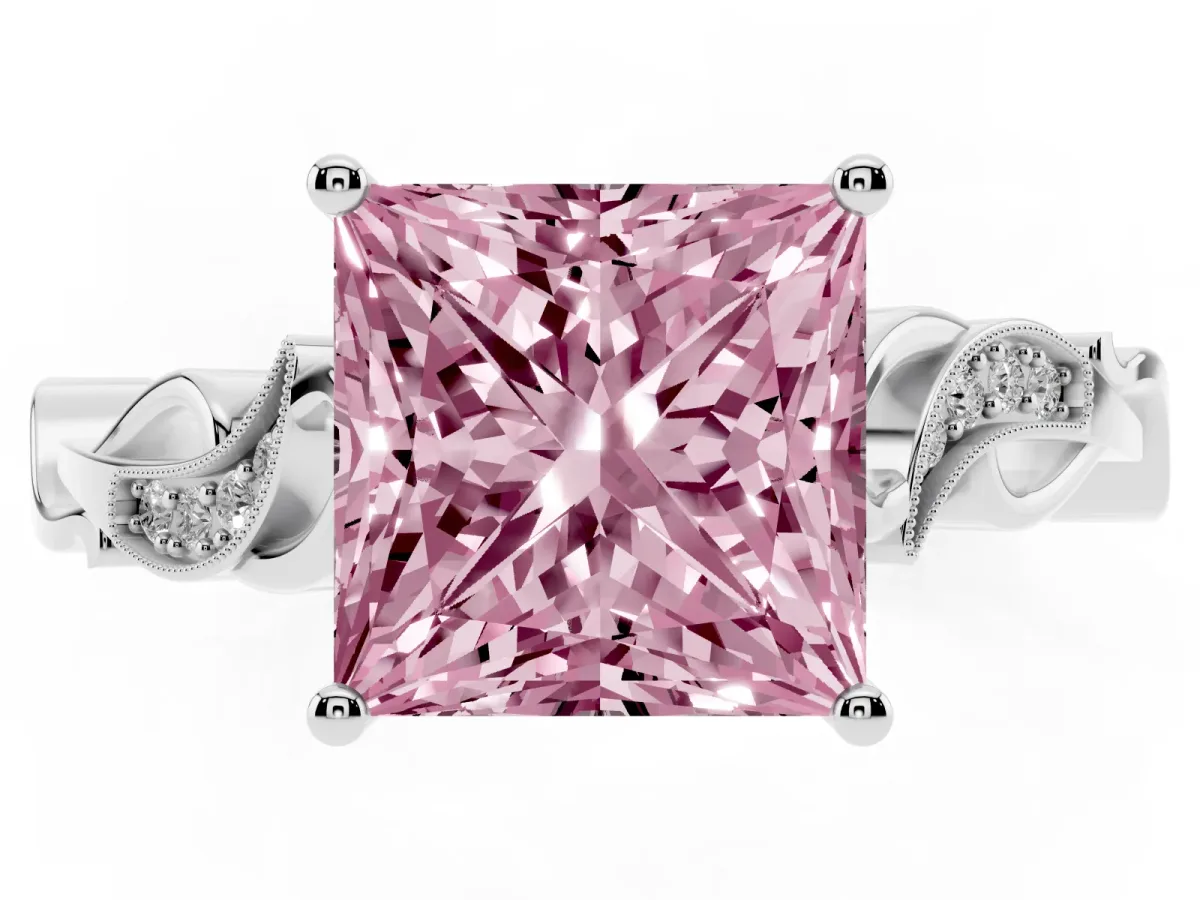 Fancy Pink Princess Cut Solitaire Vine Band with Milgrain Prong Setting Silver