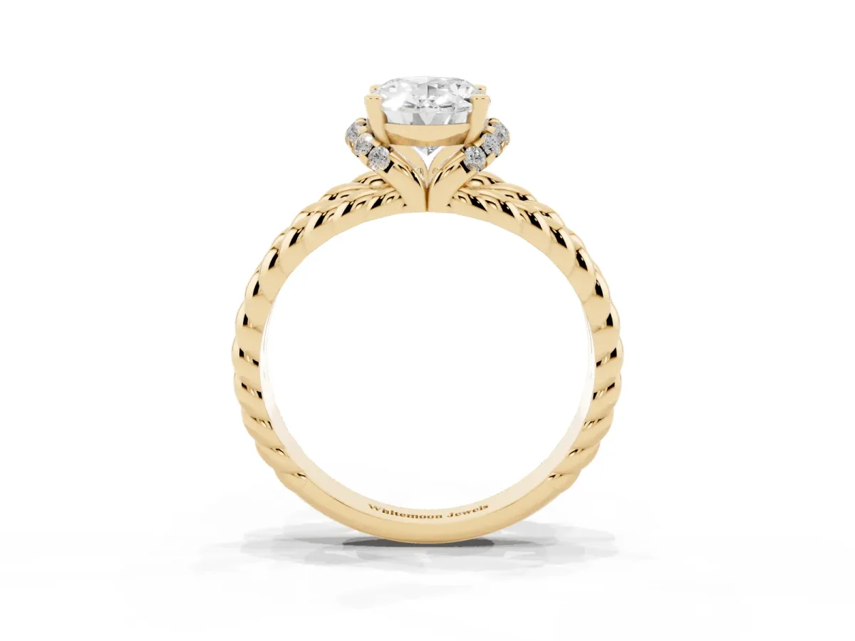 Oval Cut Halo Twisted Band Four-Prong Ring Yellow gold