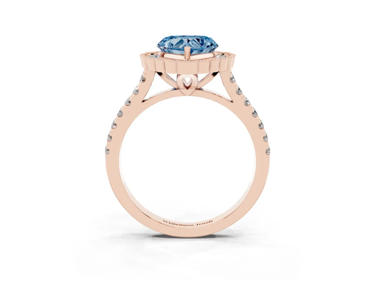 Fancy Blue Heart Cut Cut Diamond Milgrain Floral Halo Engagement Ring with Pavé Band Rose gold