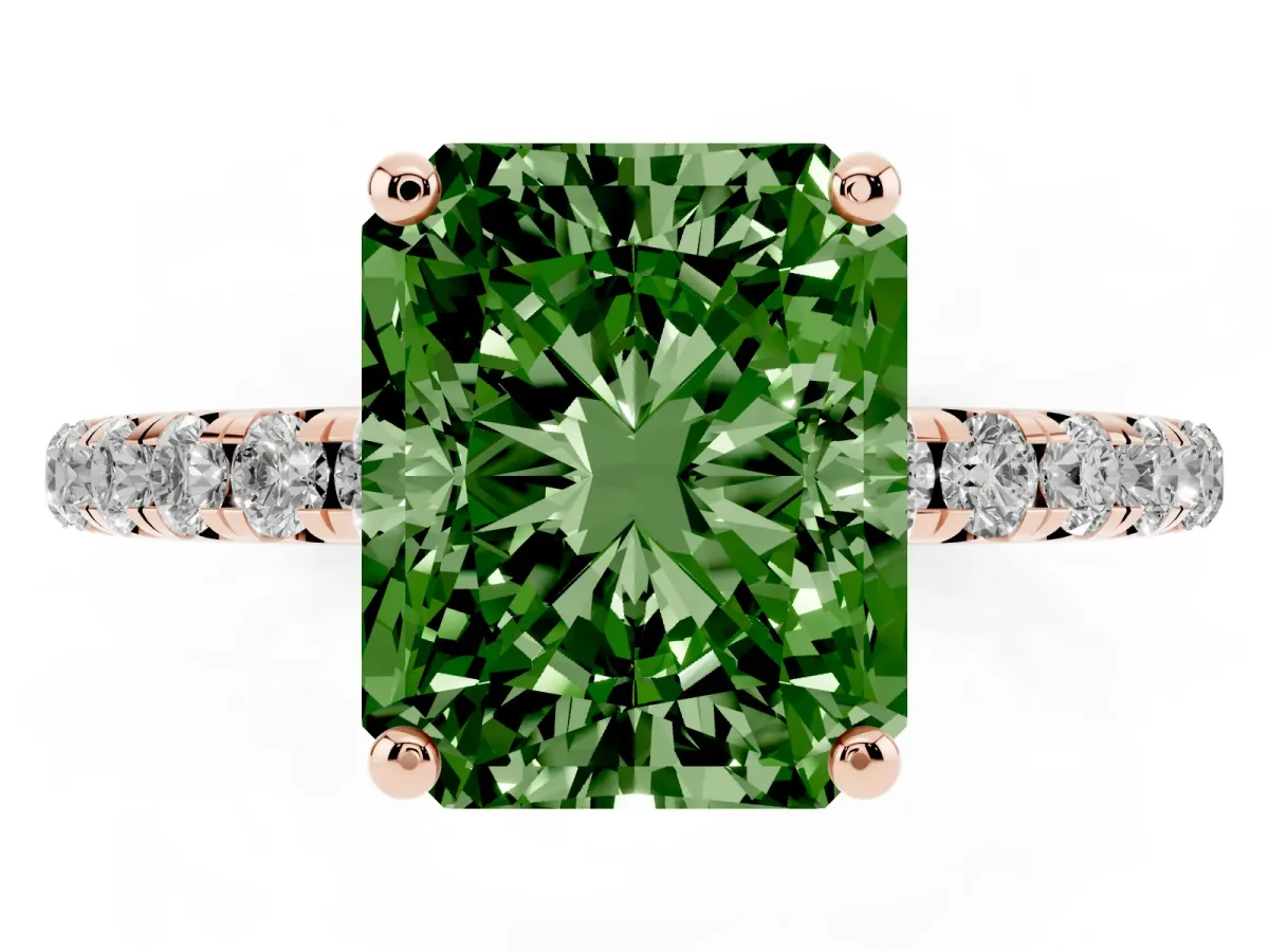 Fancy Green Radiant Cut Cut Diamond Solitaire Ring with Micro Pave Band and Four Prong Setting Rose gold