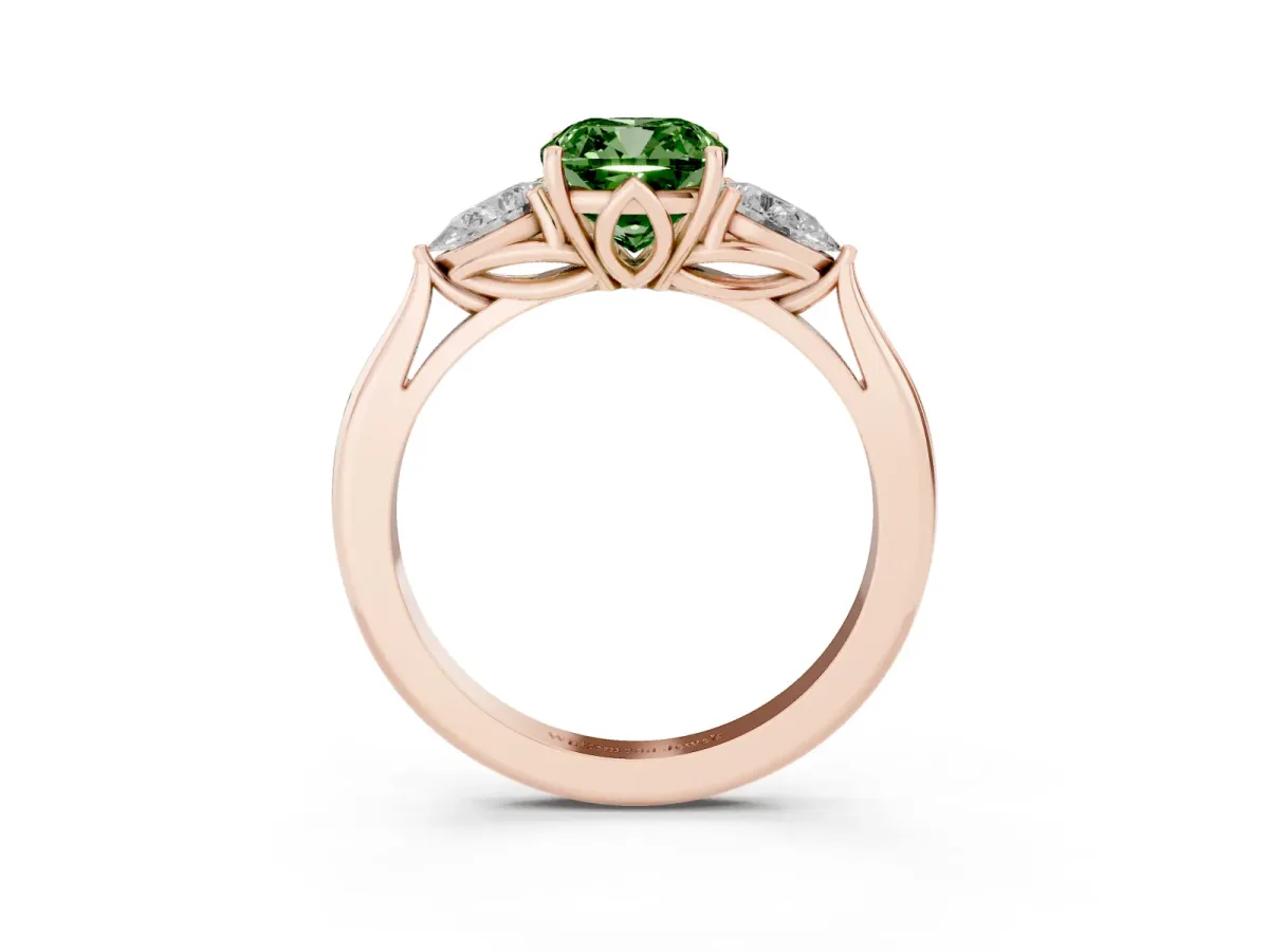 Fancy Green Cushion Cut Diamond Three-Stone Ring with Pear Side Stones and Prong Setting Rose gold