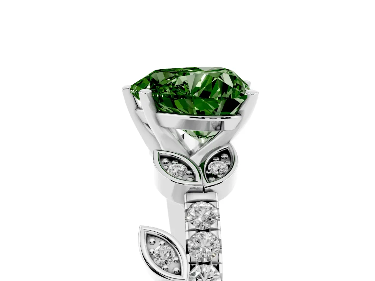 Fancy Green Heart Cut Solitaire Leaf-Inspired Diamond Ring with Pavé Band and Four-Prong Setting Silver