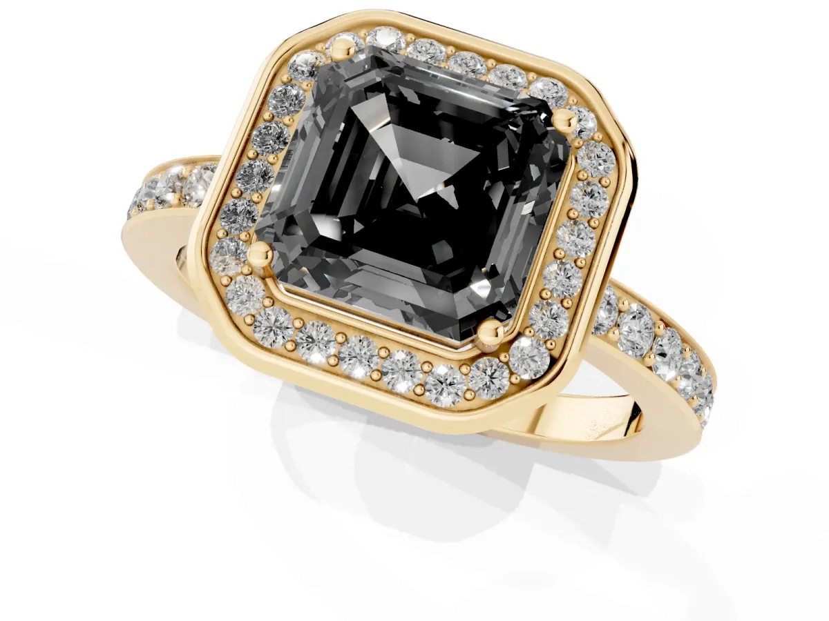 Fancy Black Asscher Cut Diamond Halo Ring with Bezel Frame and Pavé Band Yellow gold