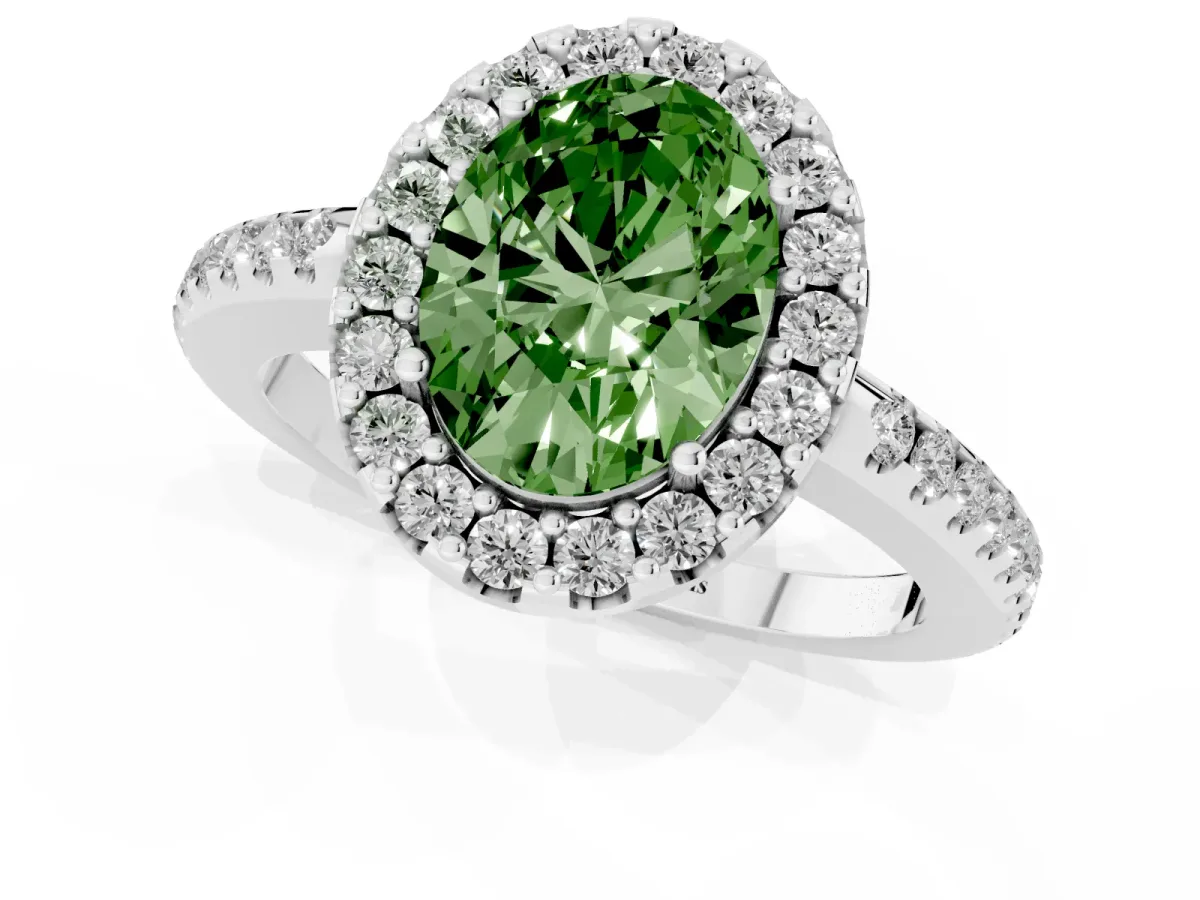 Fancy Green Oval Cut Diamond Pavé Halo Ring with Four-Prong Setting Platinum