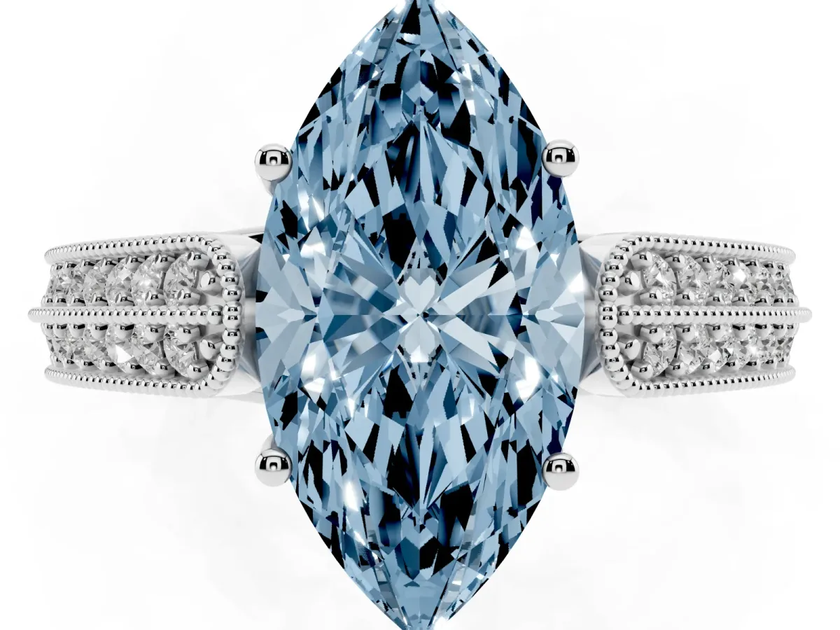 Fancy Blue Marquise Cut Cut Pave Split Shank Engagement Ring with Four-Prong Setting Silver
