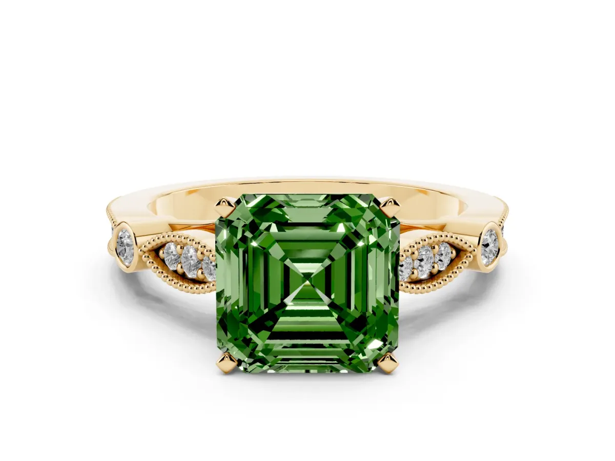 Fancy Green Asscher Cut Cut Diamond with Milgrain Marquise and Bezel Accents on a Solitaire Band with Prong Setting Yellow gold