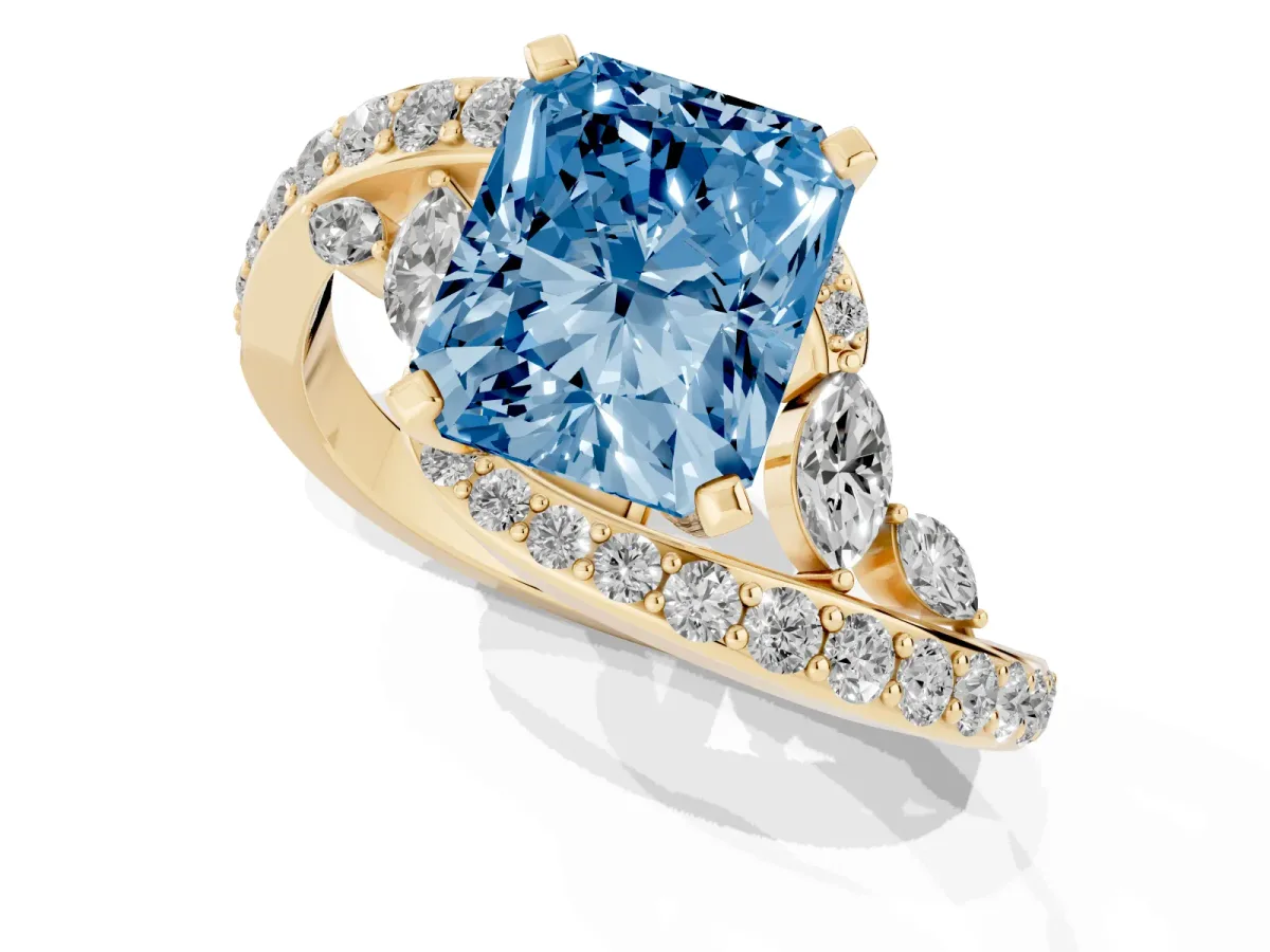 Fancy Blue Radiant Cut Solitaire with Pavé Twist Band and Four-Prong Setting Yellow gold