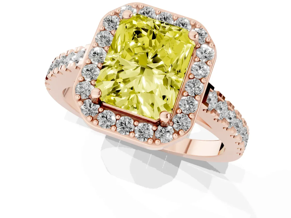 Fancy Yellow Radiant Cut Diamond Halo Ring with Round Pavé Split Shank and Prong Setting Rose gold