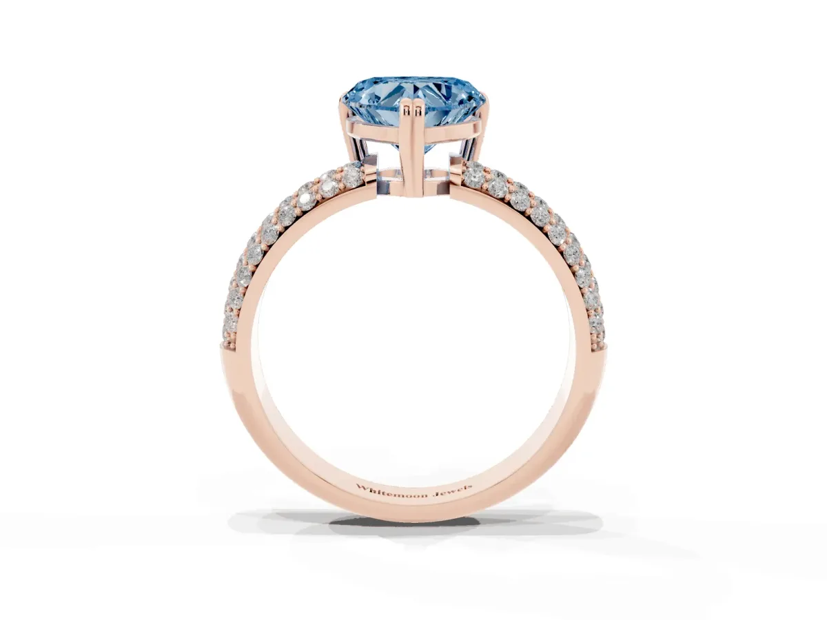 Fancy Blue Heart Cut Diamond Solitaire Ring with Multi-Row Round Pavé Band and Prong Setting Rose gold