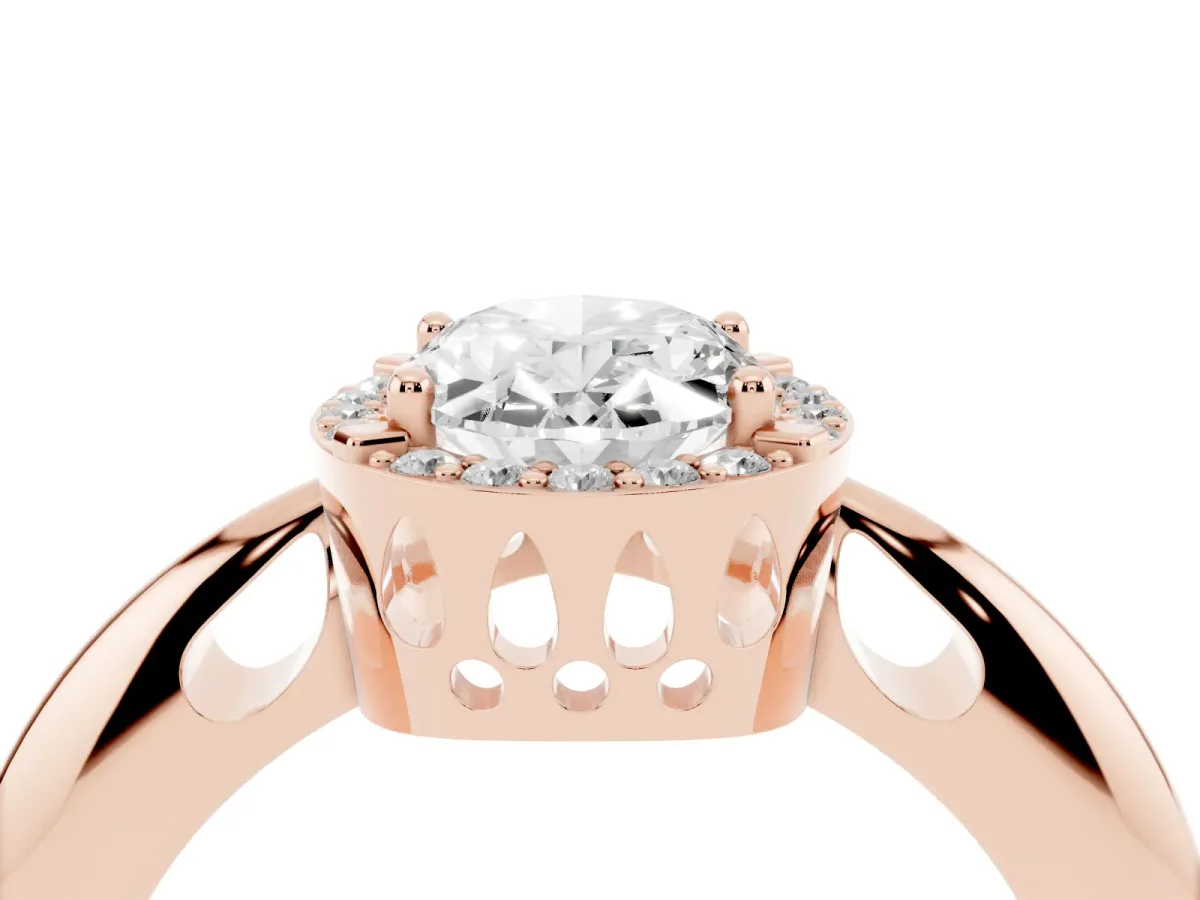 Oval Cut Cut Diamond Halo Engagement Ring with Split Shank and Four-Prong Setting Rose gold