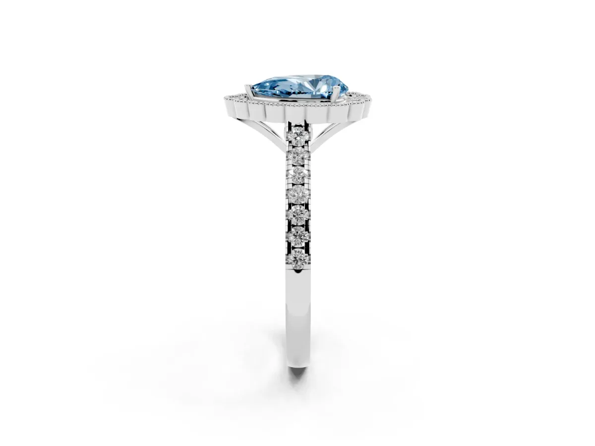 Fancy Blue Pear Cut Cut Diamond Milgrain Floral Halo Engagement Ring with Pavé Band White gold