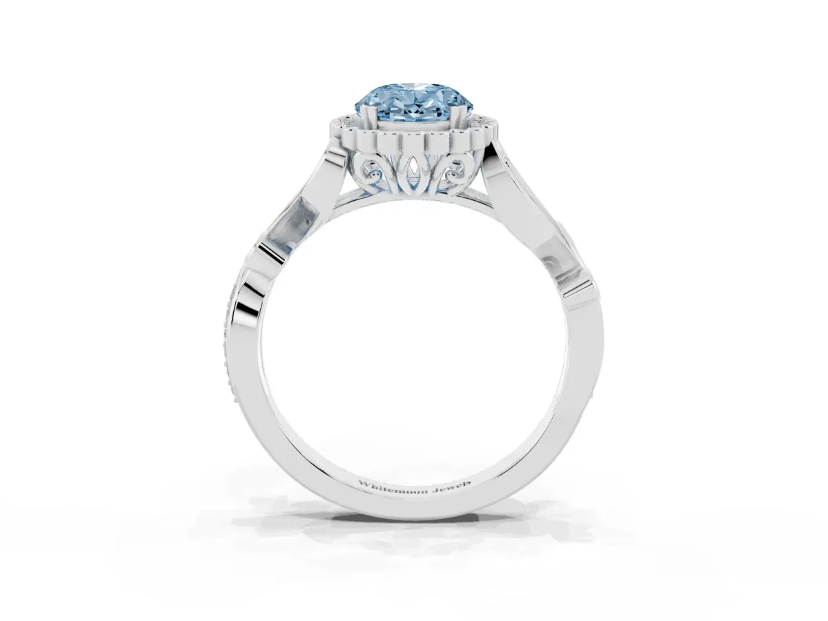 Fancy Blue Oval Cut Diamond Halo Ring with Vintage Split Shank and Four-Prong Setting Silver