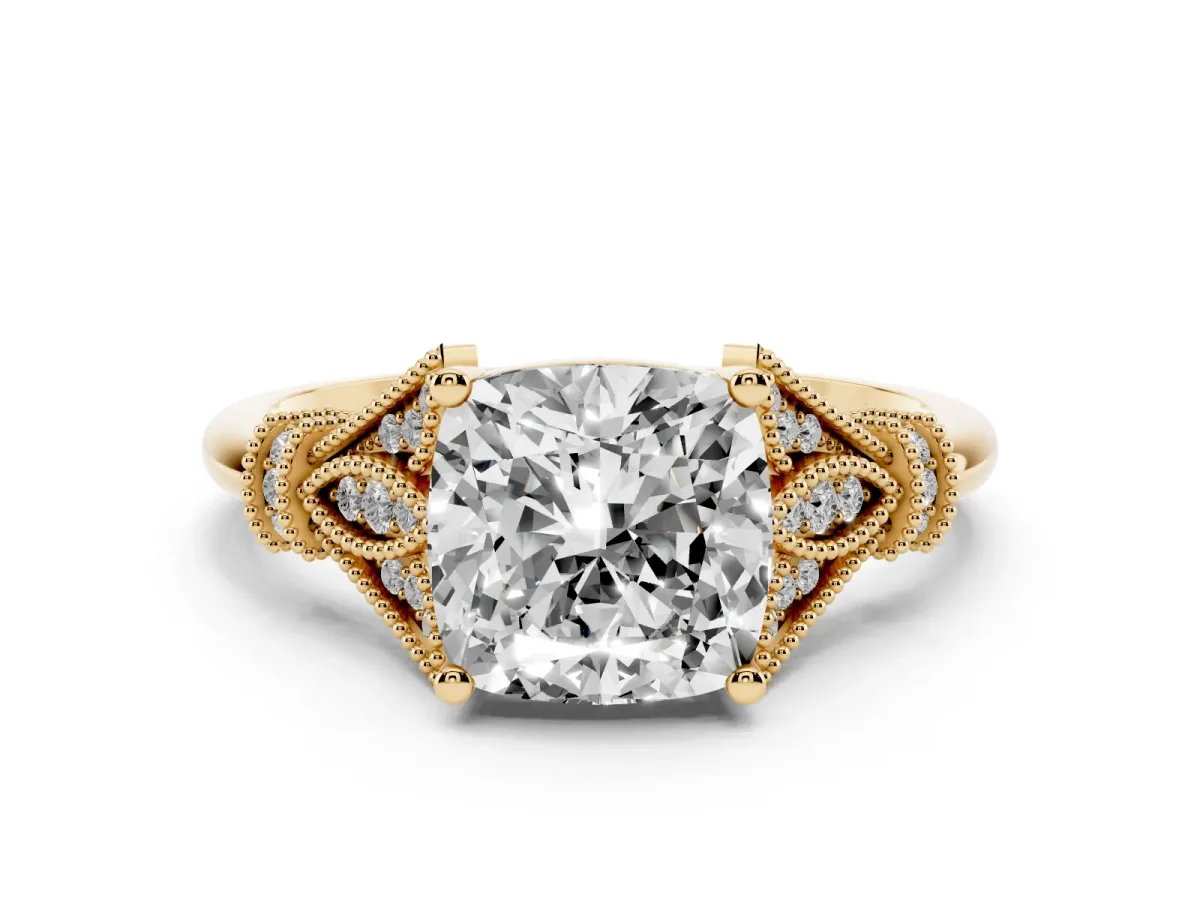 Cushion Cut Diamond Solitaire Ring with Floral Filigree and Pave Accents Yellow gold