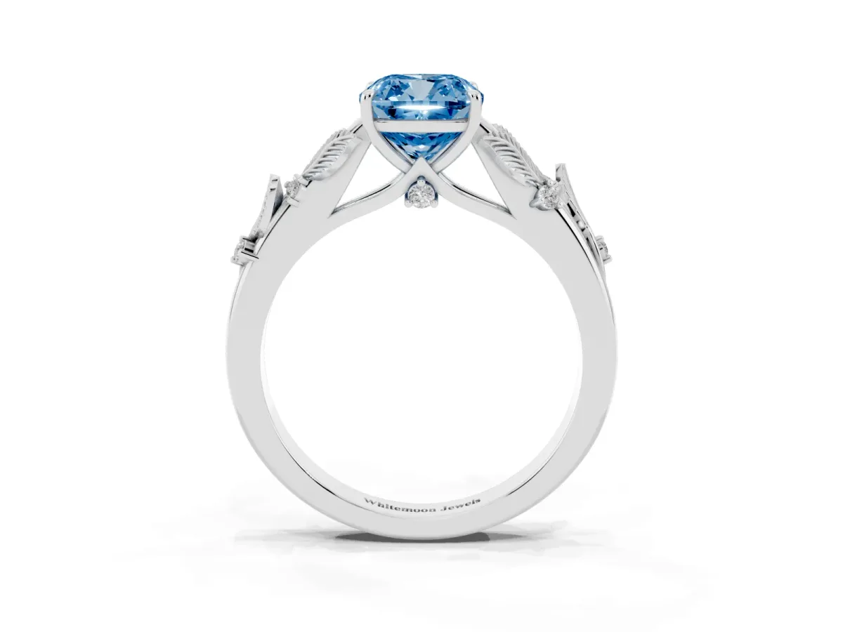 Fancy Blue Cushion Cut Diamond Solitaire Ring with Leaf Motif Band and Four-Prong Setting Silver