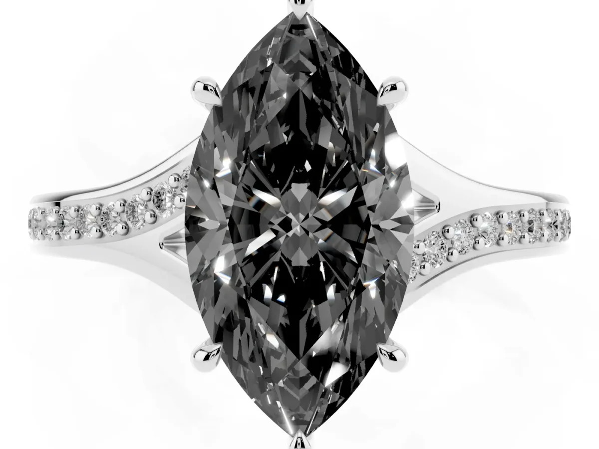Fancy Black Marquise Cut Diamond Solitaire Ring with Pavé Band and Prong Setting Silver