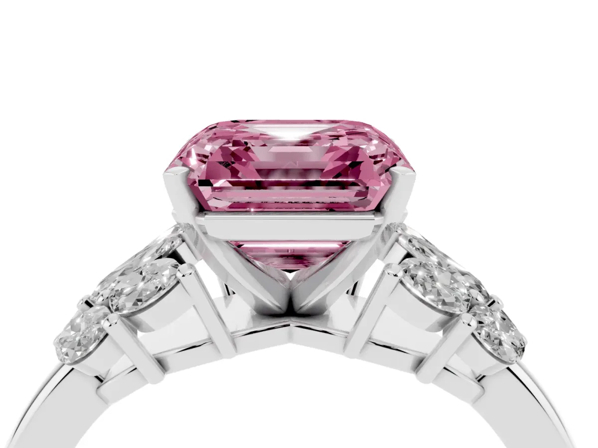 Fancy Pink Asscher Cut Diamond Cluster Leaf Design Ring with Prong Setting Silver