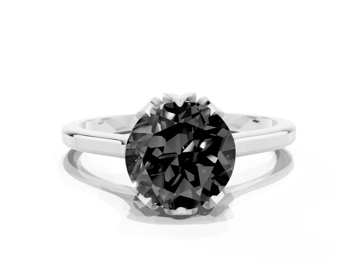 Fancy Black Round Cut Diamond Solitaire Ring with Flower Prong Setting and Classic Band Silver