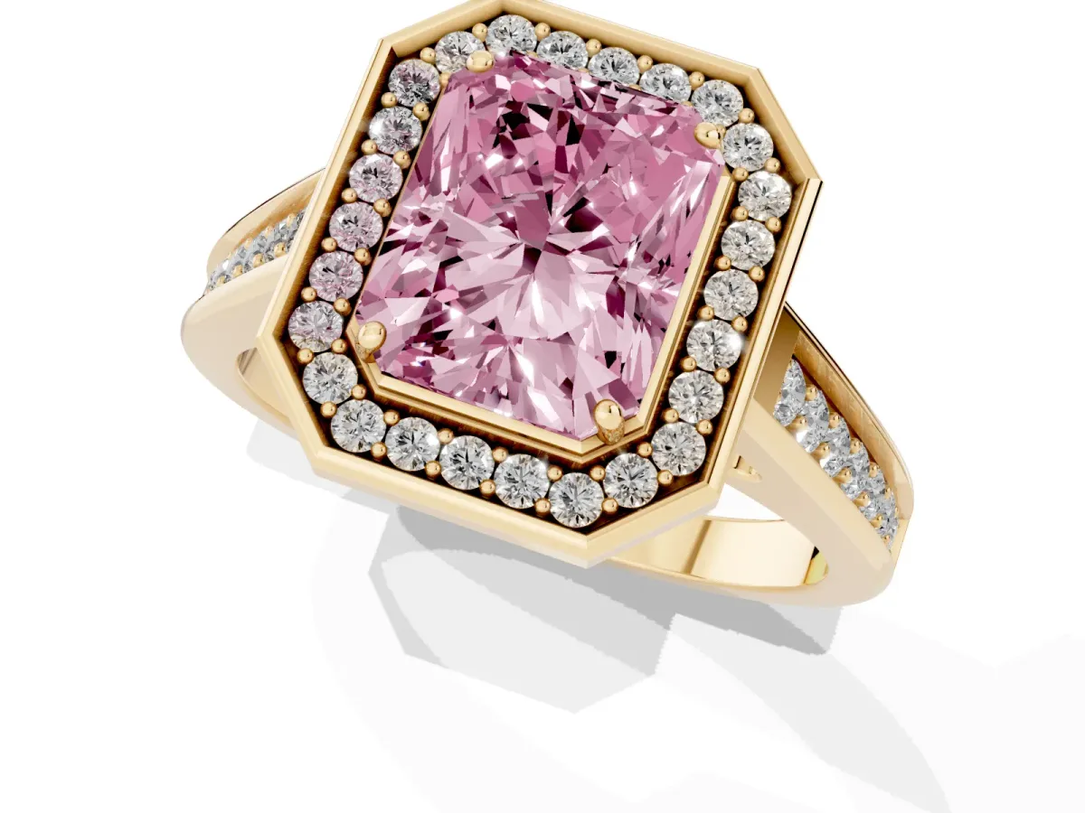 Fancy Pink Radiant Cut Halo Solitaire Diamond Ring with Pave Band and Bezel Setting Yellow gold