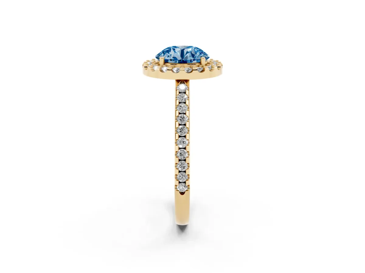 Fancy Blue Round Cut Diamond Pavé Halo Ring with Four-Prong Setting Yellow gold