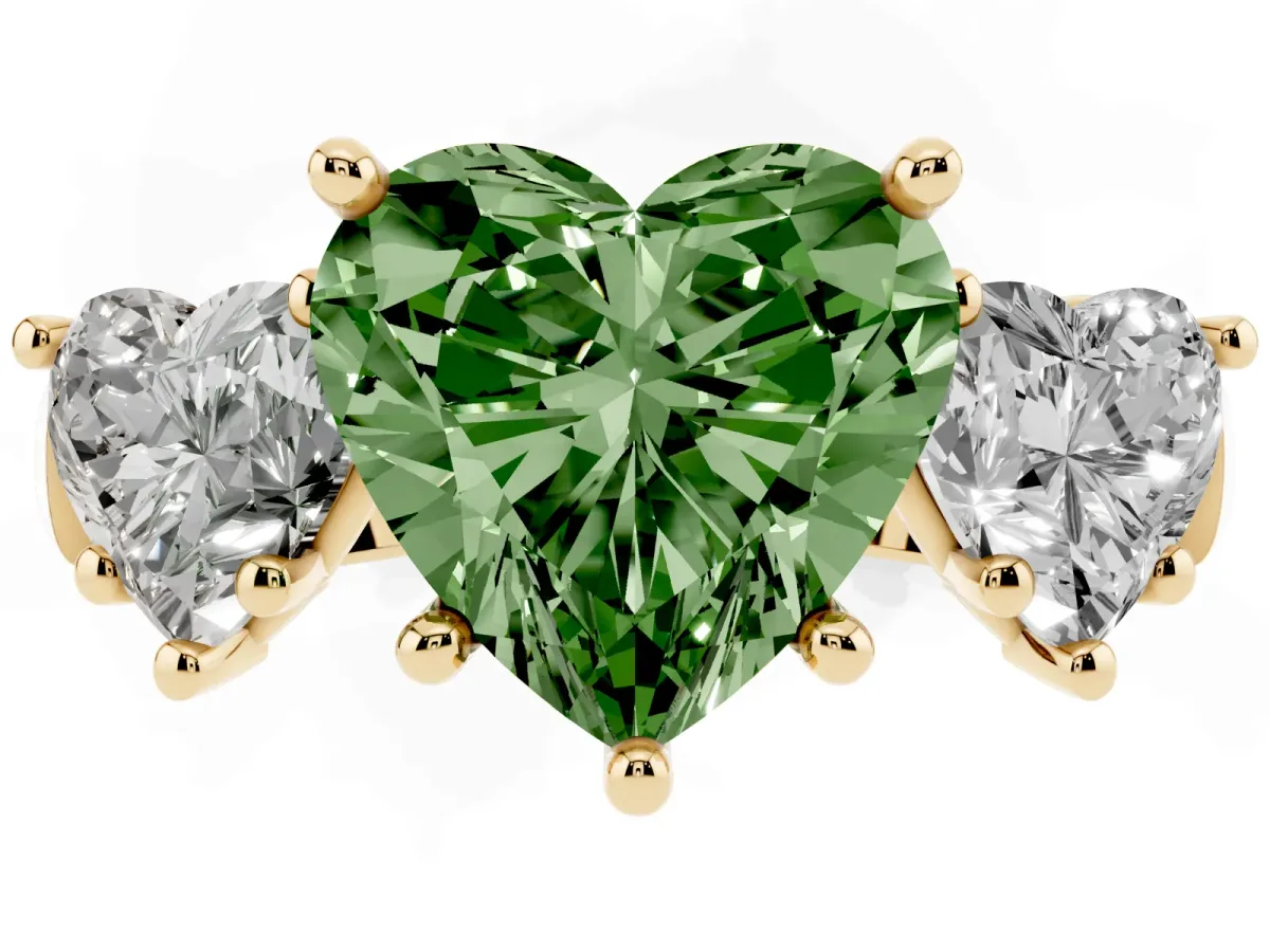Fancy Green Three-Stone Heart Cut Brilliant Diamond Trellis Ring with Comfort Fit Band Yellow gold