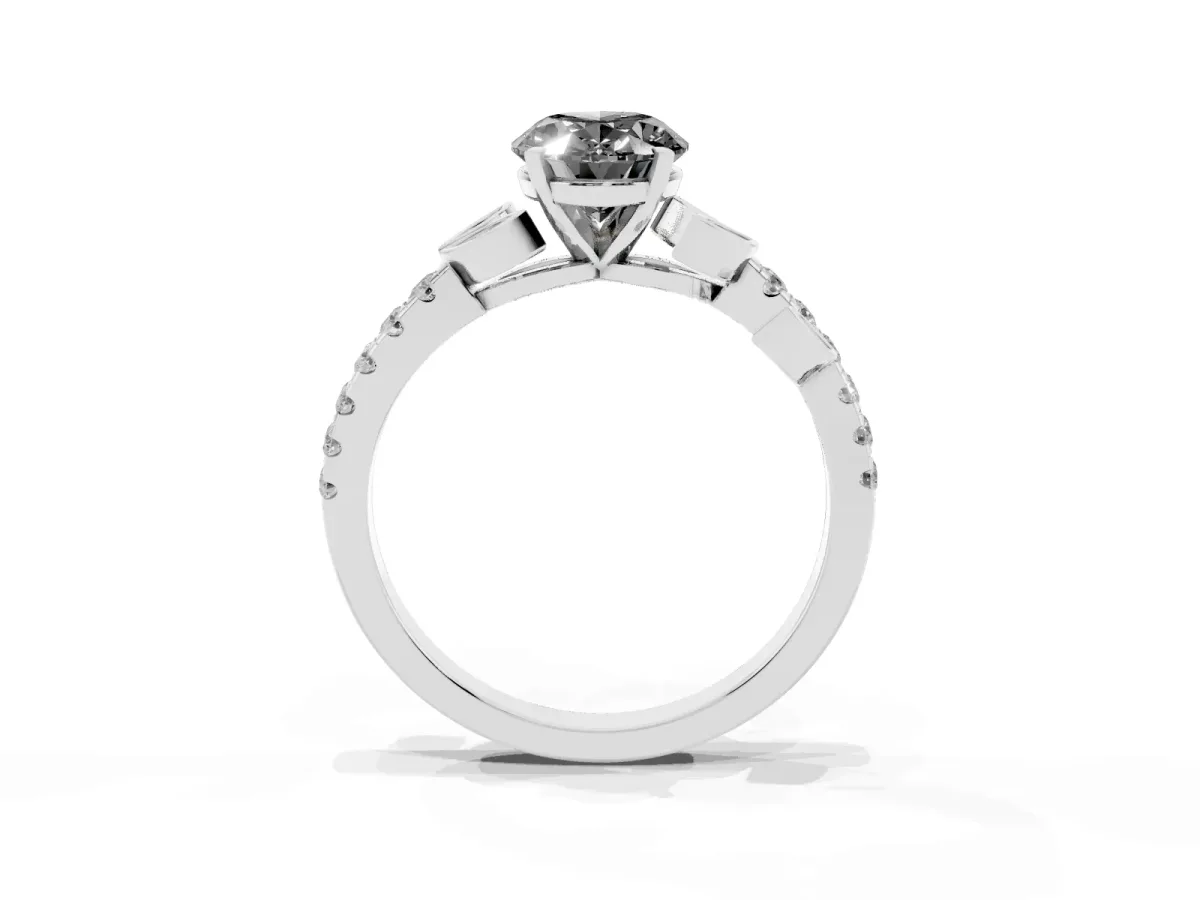 Fancy Black Oval Cut Solitaire Leaf-Inspired Diamond Ring with Pavé Band and Four-Prong Setting Silver