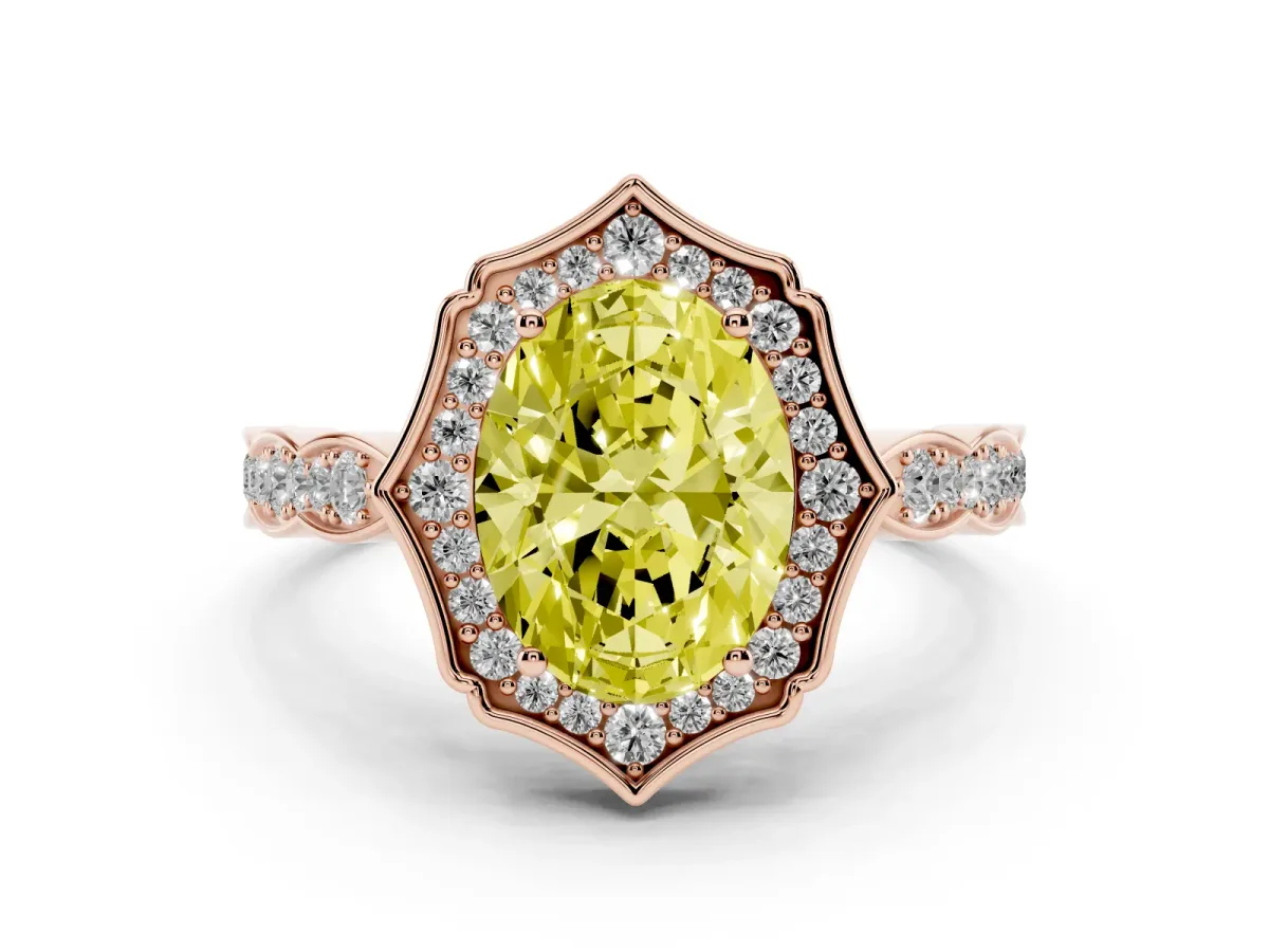 Fancy Yellow Oval Cut Halo Diamond Engagement Ring with Milgrain Band and Four-Prong Setting Rose gold
