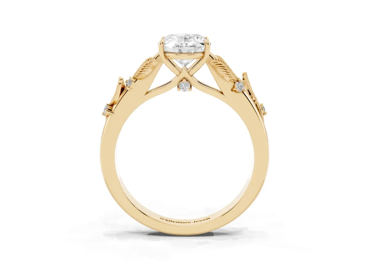 Oval Cut Diamond Solitaire Ring with Leaf Motif Band and Four-Prong Setting Yellow gold