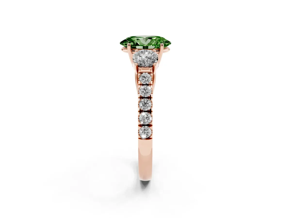 Fancy Green Oval Cut Cut Diamond Three-Stone Ring with Round Side Stones and Pavé Band Rose gold