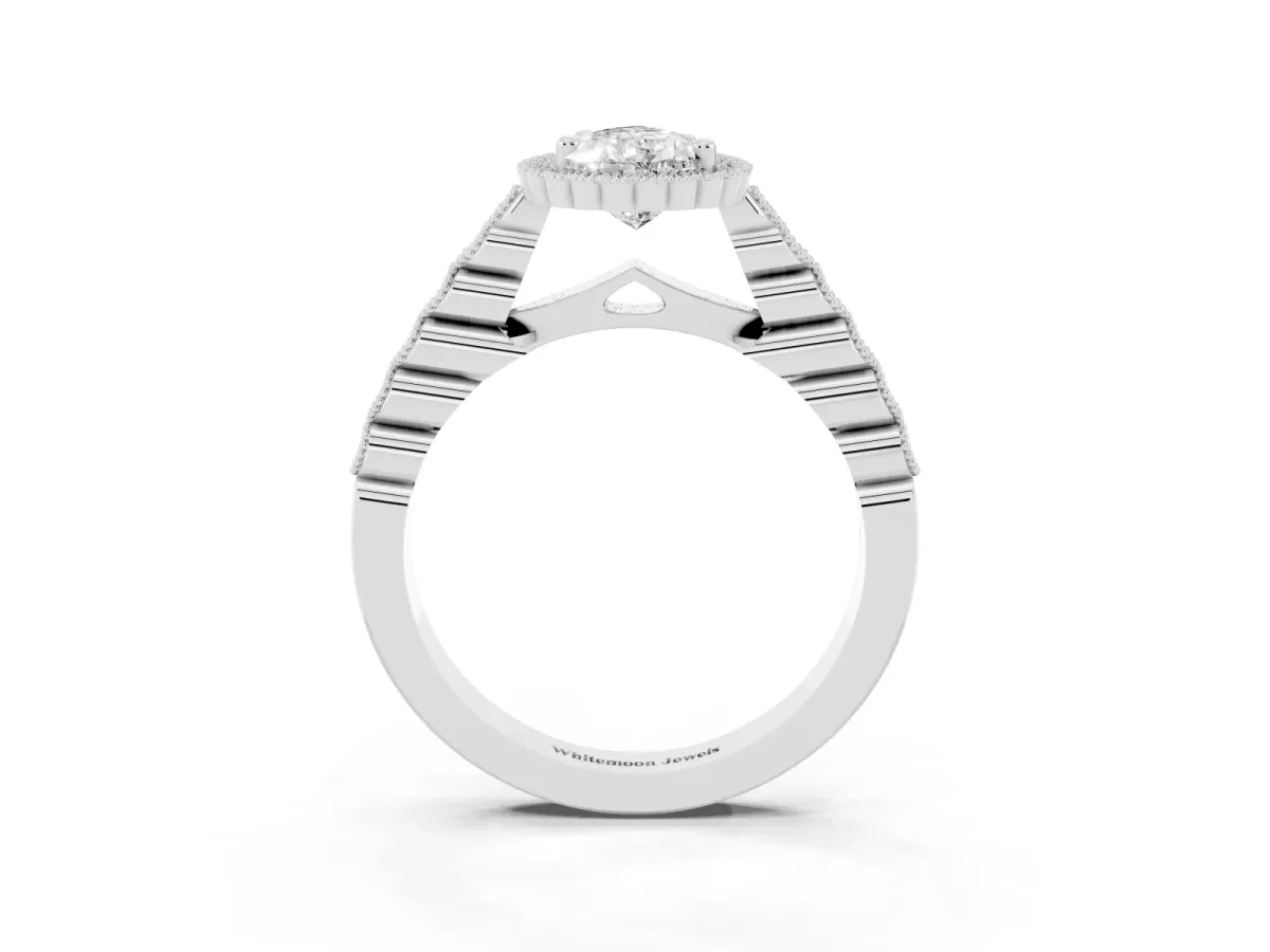 Pear Cut Cut Halo Pavé Solitaire Ring with Milgrain Band White gold