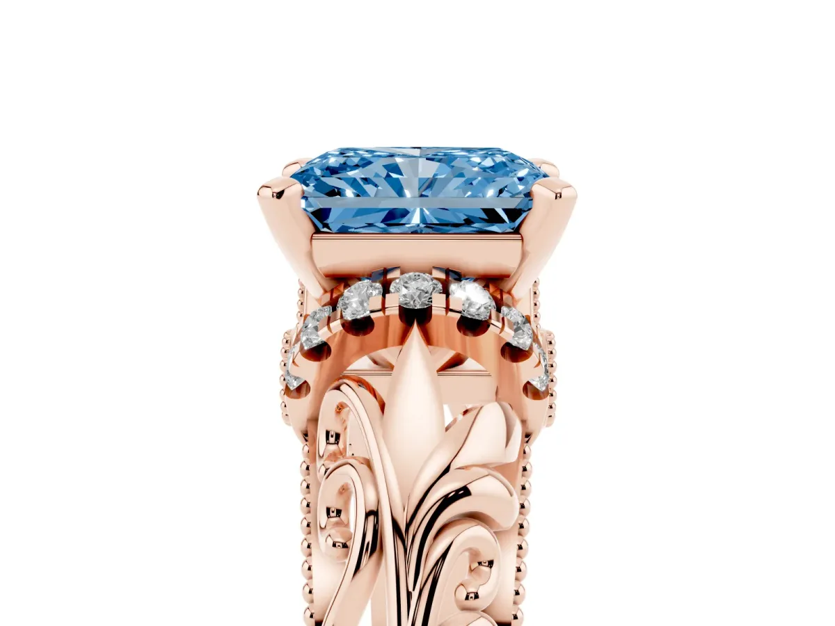 Fancy Blue Radiant Cut Solitaire Filigree Engagement Ring with Halo and Prong Setting Rose gold